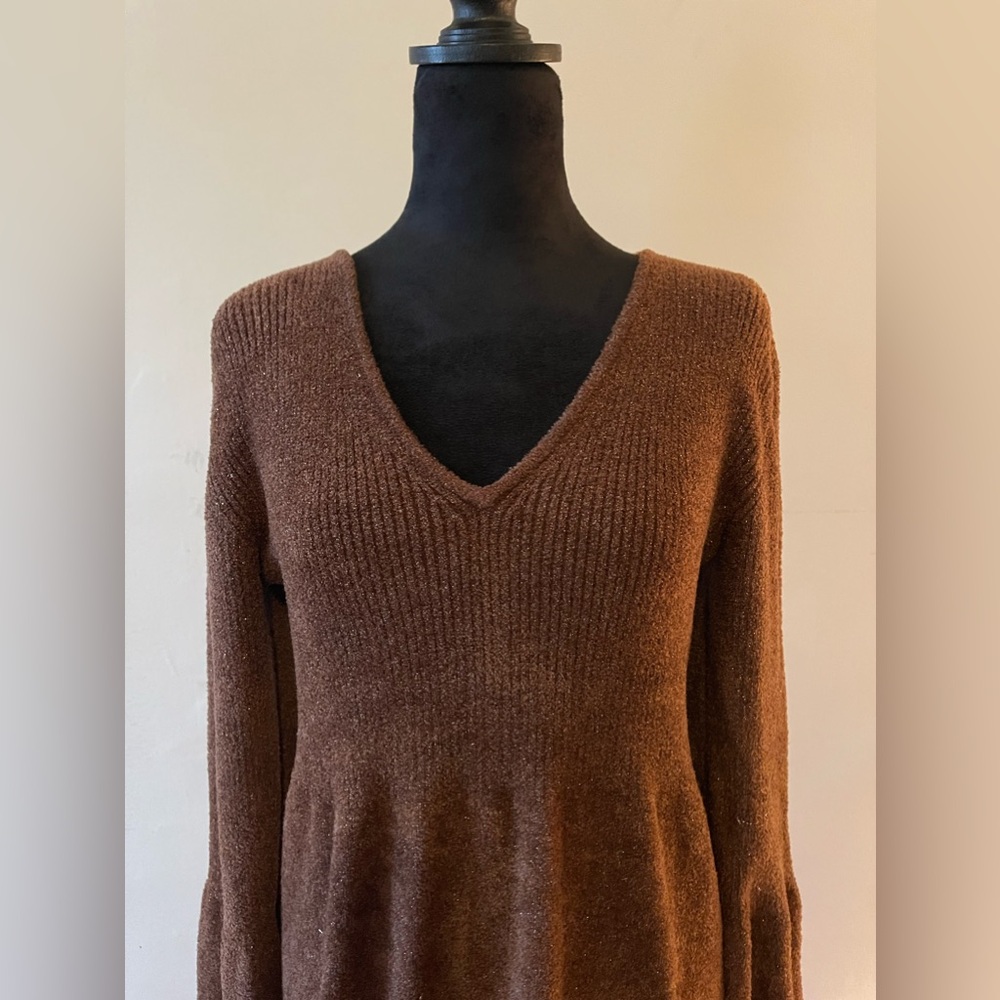 Newport News Brown/Metallic Thread Sweater Dress, Soft plush, size med - Picture 2 of 7